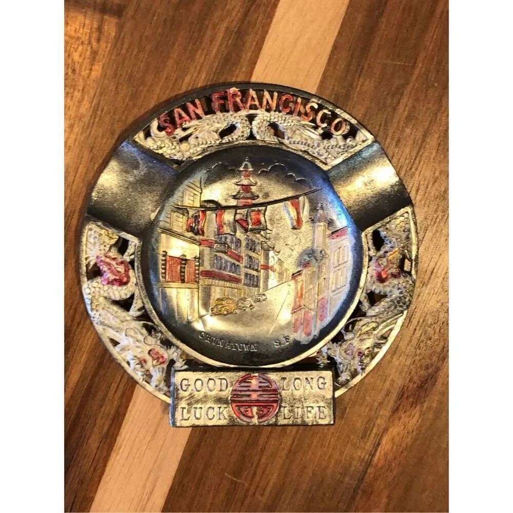 Vintage San Francisco Tin Plate Embossed Ashtray Catch All Americana Kitsch Deco